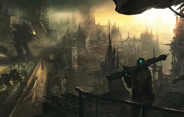 Machine, the city, weapons, army, robots, art, soldiers, ruins