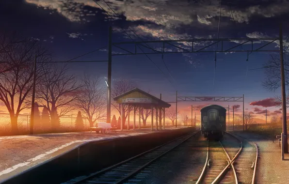 Picture sunset, train, station, the evening, art, the platform, railroad, monorisu