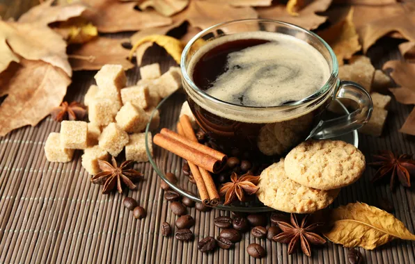 Picture autumn, leaves, coffee, scarf, cookies, Cup, hot, cinnamon