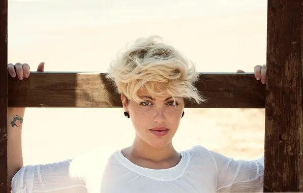 Girl, face, smile, blonde, freckles