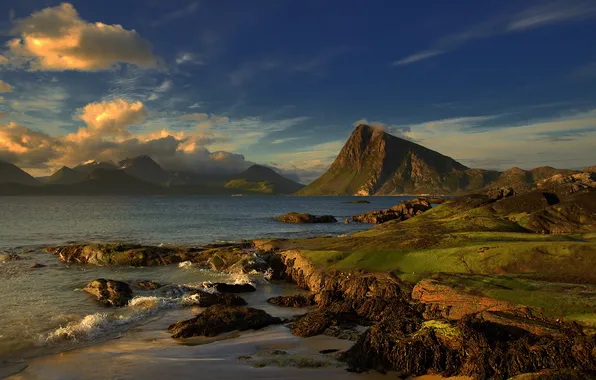 Sea, the sky, clouds, mountains