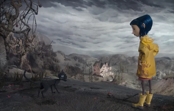 Picture cat, clouds, meeting, cartoon, dirt, girl, scary story, Coraline