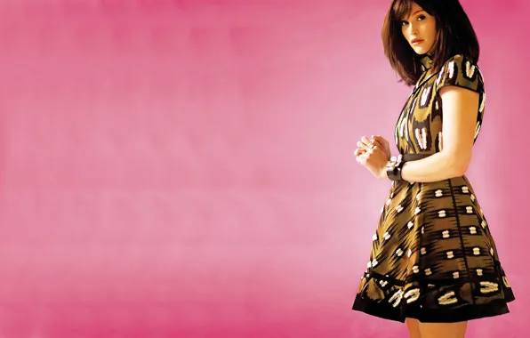 Model, dress, actress, pink background, Gemma Arterton, Gemma Arterton