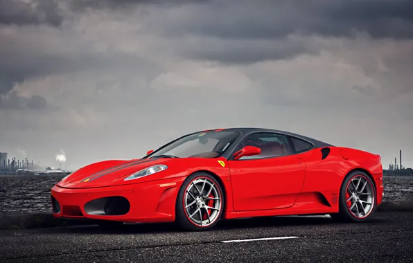F430, Ferrari, Red, Clouds, Sky, Landscape, Water, Supercar