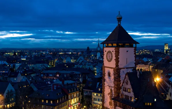 Night, lights, tower, Germany, panorama, Baden-Württemberg, Freiburg