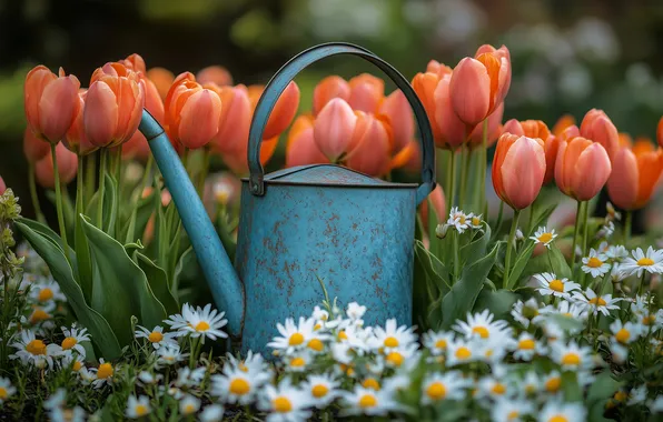 Flowers, chamomile, spring, garden, tulips, red, lake, white