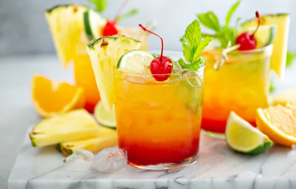 Ice, cherry, glass, orange, cocktail, lime, pineapple, mint