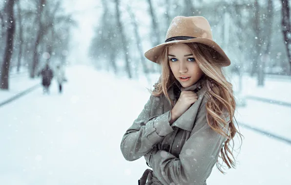 Picture girl, snow, hat, Russia, coat, cold, March, George Chernyadev