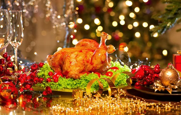 Table, new year, Christmas, chicken, glasses, decoration, bokeh