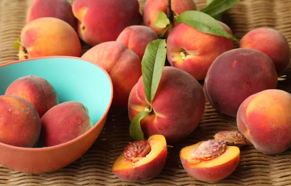Picture food, harvest, Cup, bowl, fruit, leaves, peaches, a lot