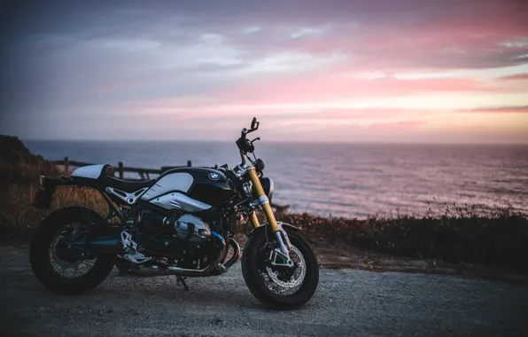 Picture sea, sunset, BMW, horizon, R Nine T