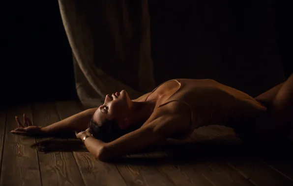 Girl, pose, Board, hands, on the floor, body, closed eyes, Sergey Sorokin
