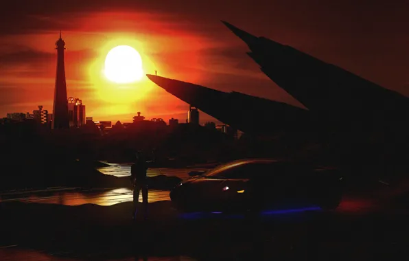 Sunset, The sun, Auto, Music, The city, Lamborghini, People, Machine