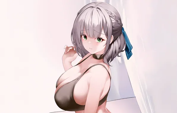 Girl, sexy, cleavage, green eyes, boobs, anime, beautiful, short hair