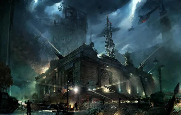The building, flag, helicopter, soldiers, Crysis 2