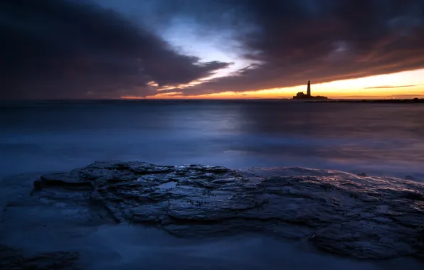 Sea, landscape, night, lighthouse