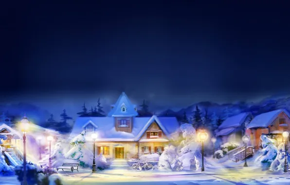 Winter, the sky, snow, street, home, lights
