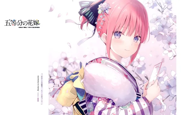 Picture kimono, bangs, red hair, the cherry blossoms, Five brides, Toubun no Hanayome, by 6U, Nino …