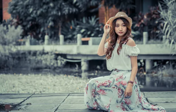 Picture girl, hat, dress, Asian