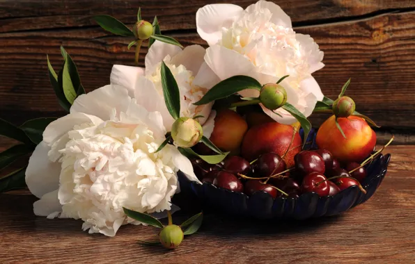 Picture flowers, berries, Board, bowl, fruit, cherry, peonies, nectarines