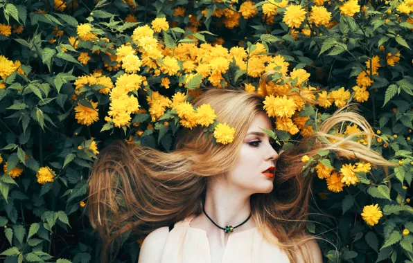 Girl, Nature, Flowers, Beauty, Yellow, Summer, Hair, Long