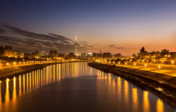 Picture the sky, clouds, light, sunset, orange, the city, lights, reflection