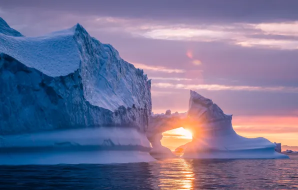 Ice, winter, sea, the sky, water, the sun, clouds, rays