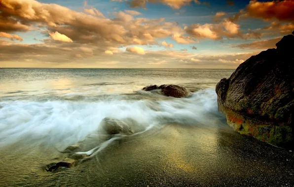 Picture sea, wave, beach, the sky, clouds, rocks, shore, horizon