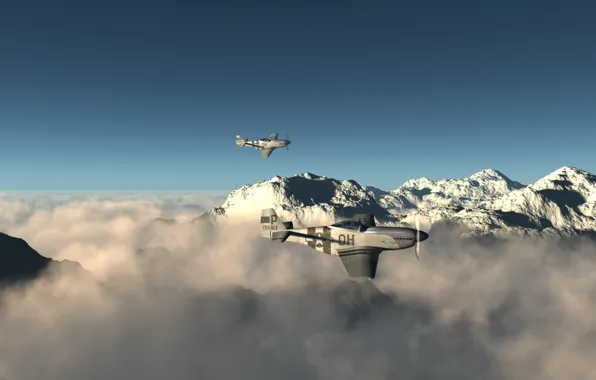 Clouds, tops, pair, flight, Mustangs