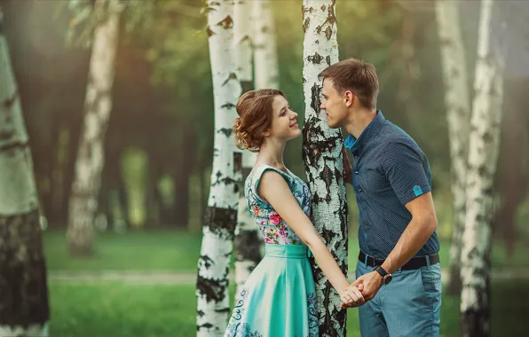 Picture summer, girl, trees, nature, romance, pair, guy, birch