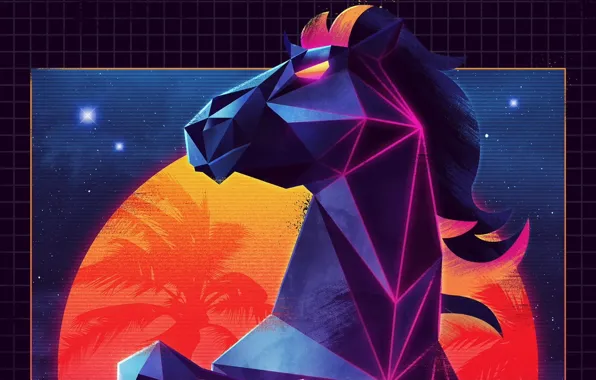 Picture retro, horse, neon, synthwave, retrowave