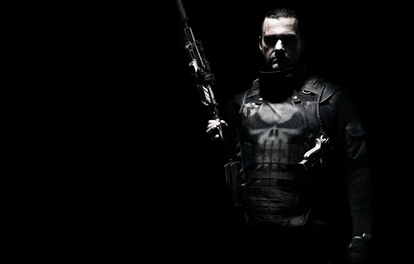 Picture gun, weapons, black background, armor, Ray Stevenson, Ray Stevenson, Punisher: War Zone, Punisher: war zone