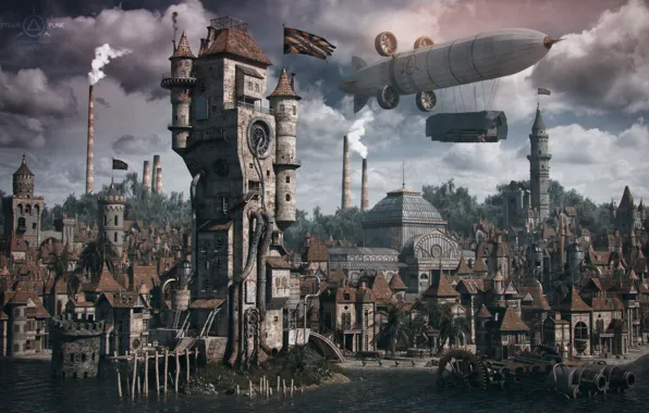 Picture the city, building, the airship, structure, steampunk