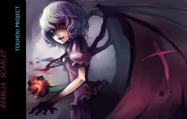 Picture fangs, different eyes, vampire, evil eye, Remilia Scarlet, touhou projeck, black magic, bat wings