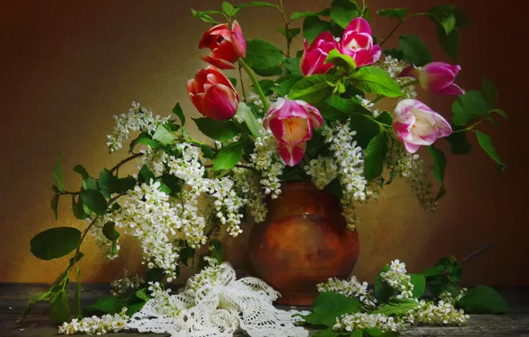 Flowers, spring, tulips, vase, tablecloth