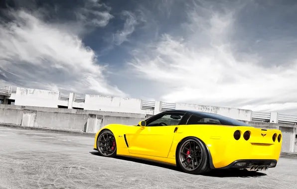 Picture the sky, clouds, yellow, Z06, Corvette, Chevrolet, Chevrolet, yellow