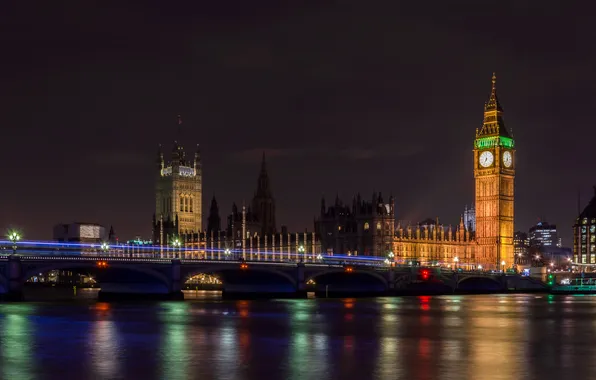 Night, bridge, the city, London, Big Ben, Houses of Parliament