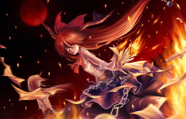 Girls, fire, magic, the moon, ball, chain, horns, touhou