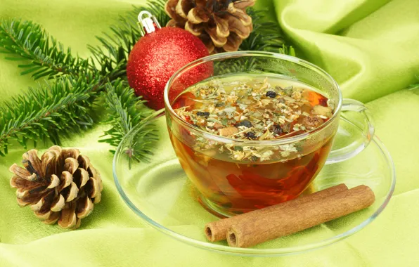 Picture tea, spruce, branch, ball, New Year, Christmas, Cup, cinnamon