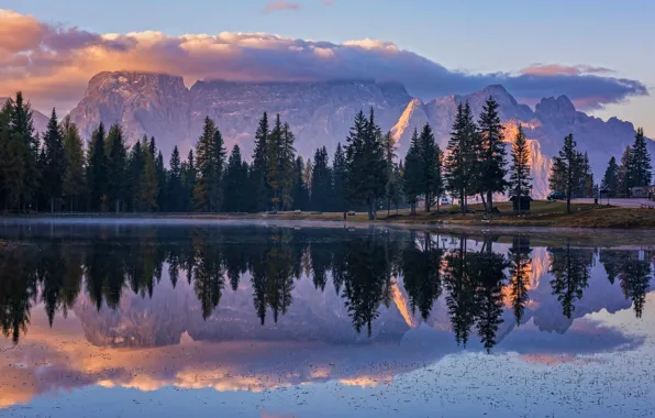 Picture clouds, trees, mountains, nature, lake, reflection, morning, Csilla Zelko