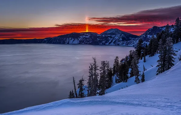 Winter, snow, mountains, lake, dawn, crater, Crater Lake