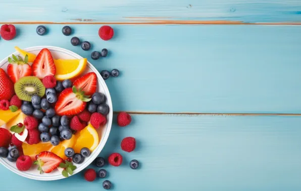 Berries, raspberry, Board, oranges, kiwi, blueberries, strawberry, plate