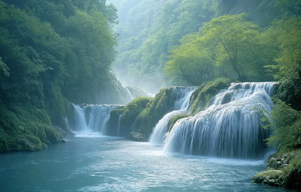 Forest, trees, nature, fog, stones, rocks, shore, waterfall