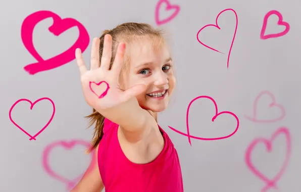 Picture joy, children, smile, heart, figure, small, girl, pink