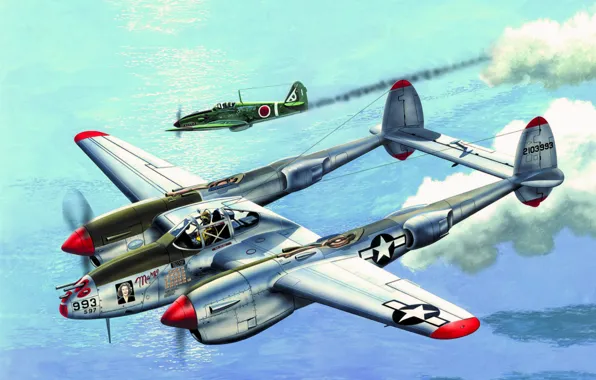 Picture war, art, painting, aviation, Lockheed P-38 Lightning, ww2, Ace, dogfight