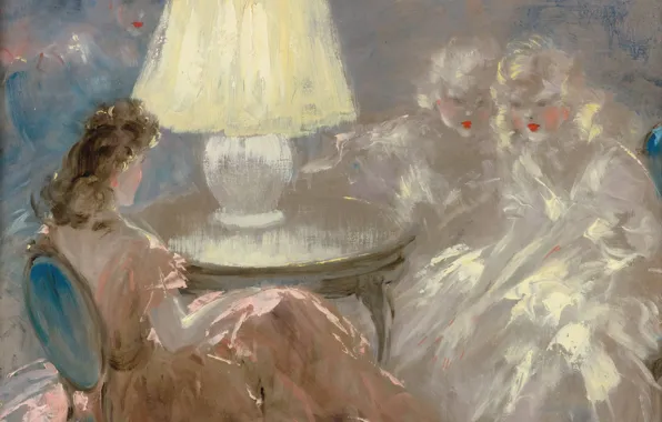 Under the lamp, Louis Icart, bosnaski, oil on masonite