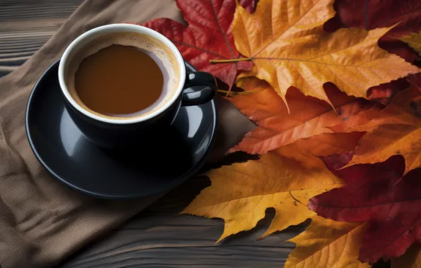 Picture autumn, leaves, wood, autumn, leaves, cup, coffee, cozy