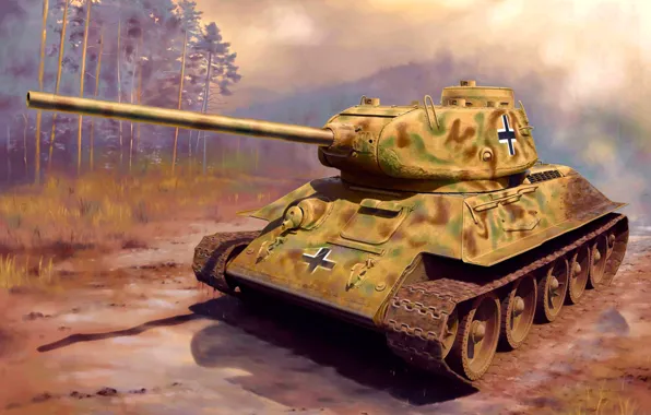 Picture war, art, painting, tank, ww2, captured tank, Panzerkampfwagen T-34/85