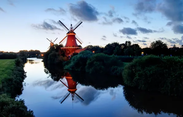 Wallpaper the evening, windmill, Lower Saxony, Germany, river, the bushes, Of Greetsiel