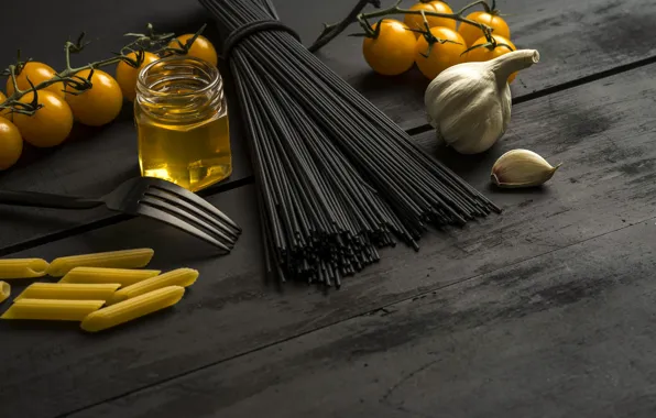 The dark background, table, stylish, yellow, Bank, plug, tomatoes, spaghetti
